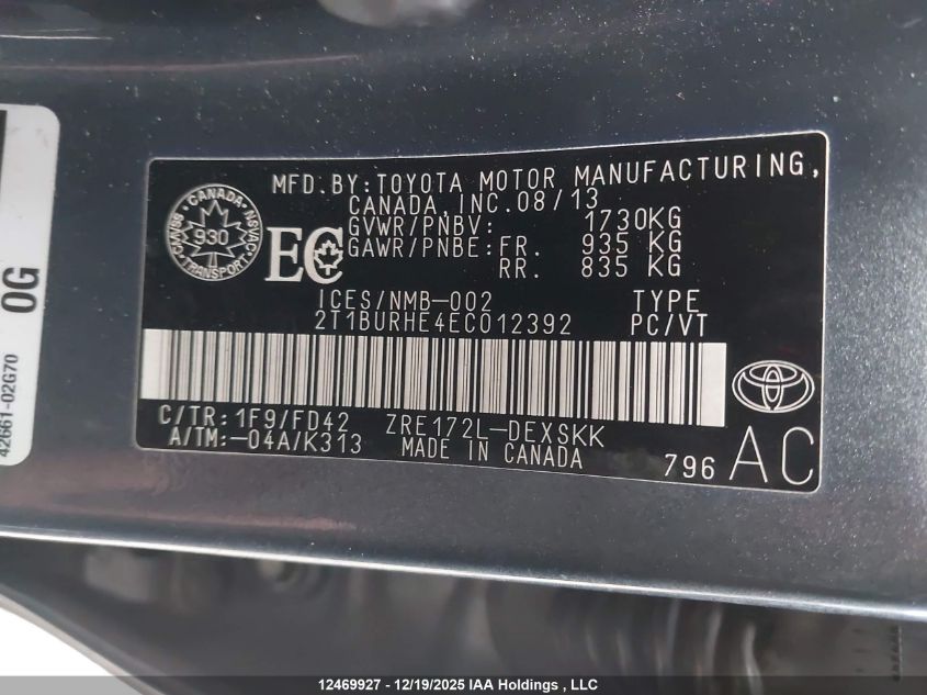 2014 Toyota Corolla S VIN: 2T1BURHE4EC012392 Lot: 12469927