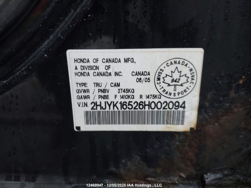 2006 Honda Ridgeline Ex-L VIN: 2HJYK16526H002094 Lot: 12469947