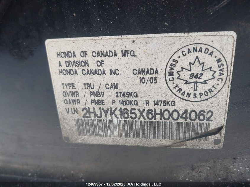 2006 Honda Ridgeline Rtl VIN: 2HJYK165X6H004062 Lot: 12469957