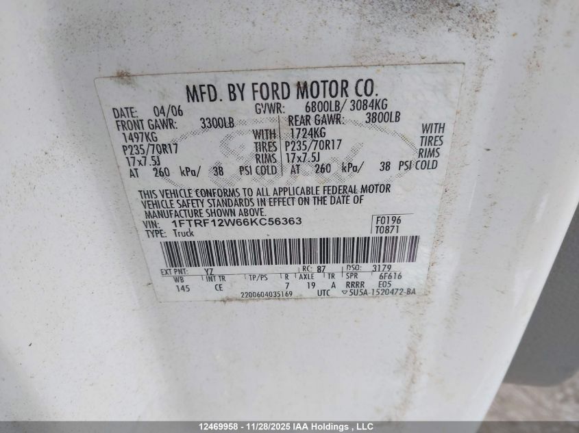 2006 Ford F150 VIN: 1FTRF12W66KC56363 Lot: 12469958