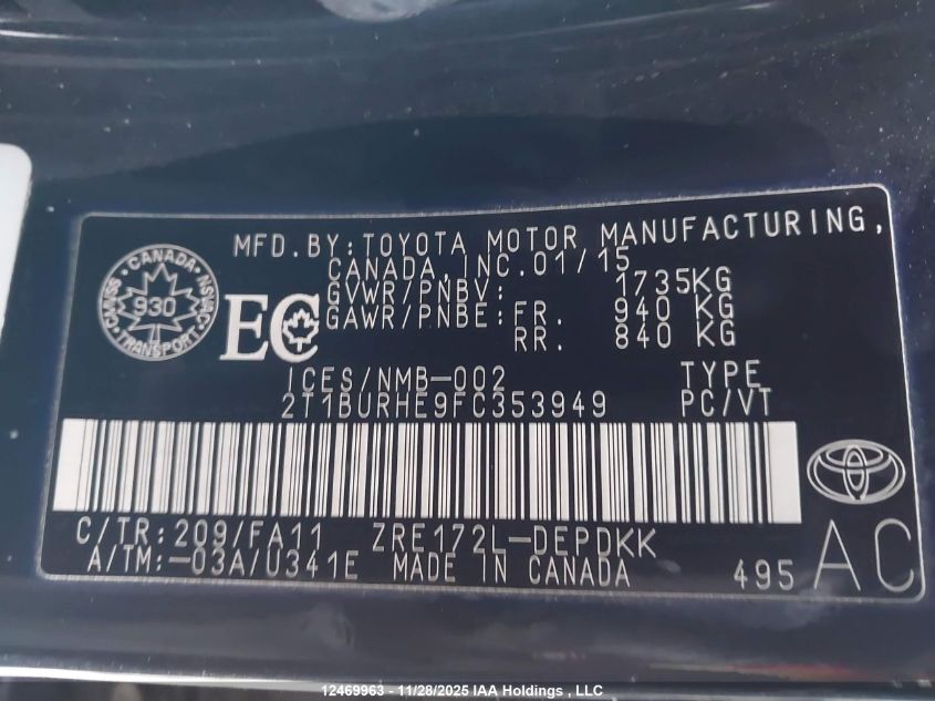 2015 Toyota Corolla Ce VIN: 2T1BURHE9FC353949 Lot: 12469963