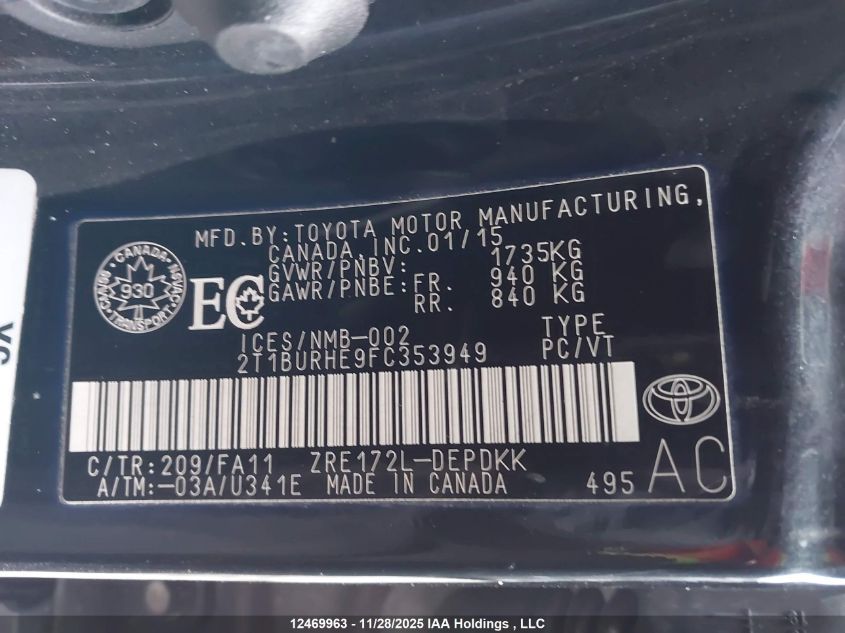 2015 Toyota Corolla Ce VIN: 2T1BURHE9FC353949 Lot: 12469963