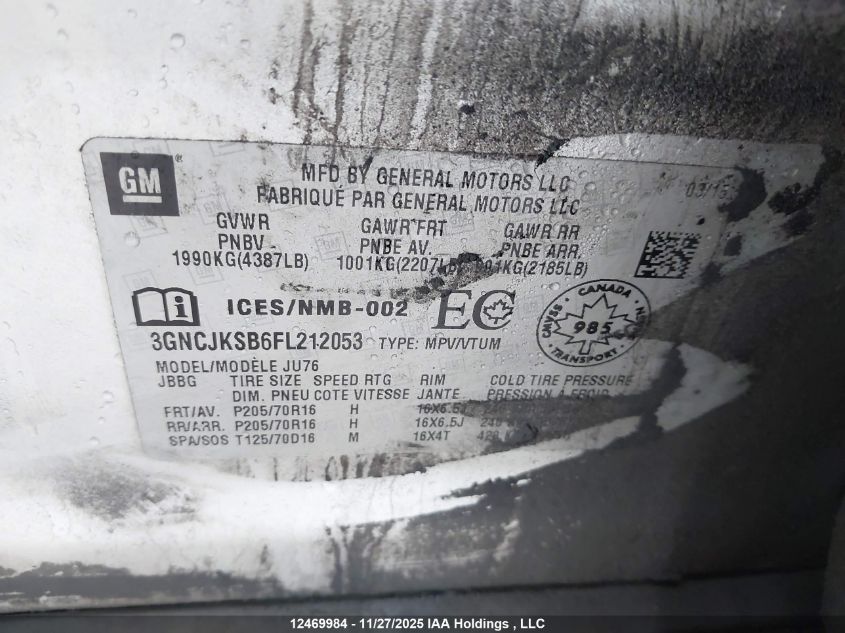 2015 Chevrolet Trax Ls VIN: 3GNCJKSB6FL212053 Lot: 12469984