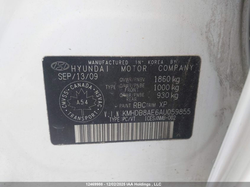 2010 Hyundai Elantra Touring Gl VIN: KMHDB8AE6AU059855 Lot: 12469988