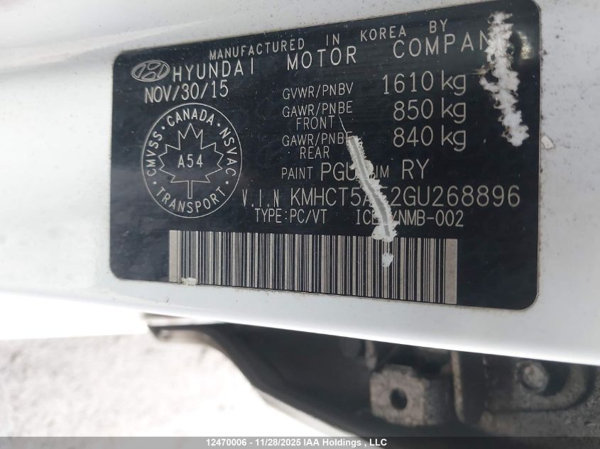 2016 Hyundai Accent Se VIN: KMHCT5AE2GU268896 Lot: 12470006
