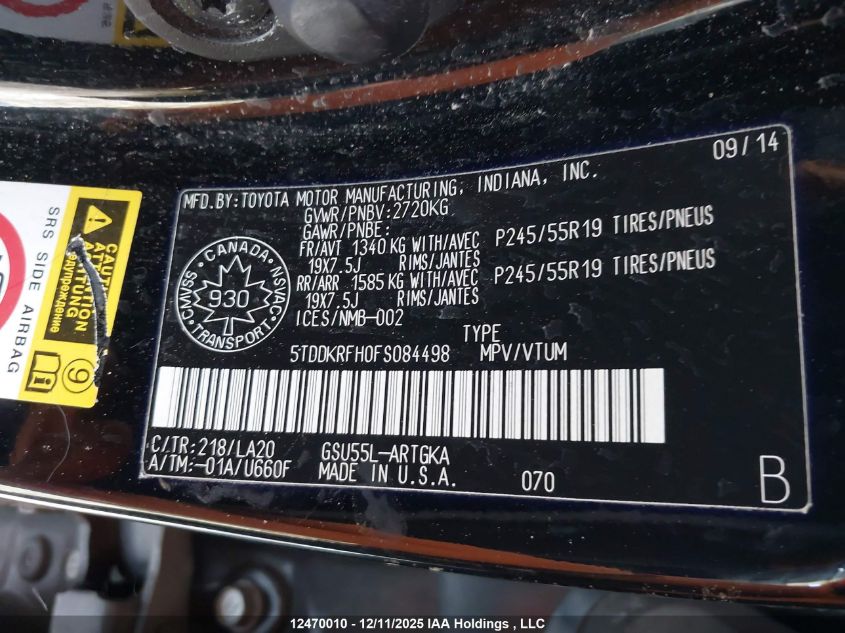 2015 Toyota Highlander Limited/Ltd Platinum VIN: 5TDDKRFH0FS084498 Lot: 12470010