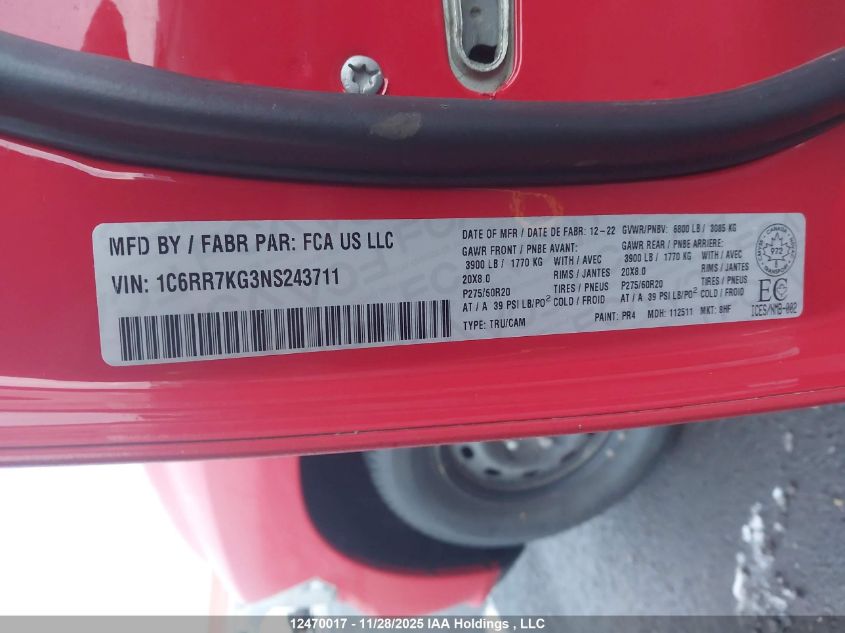 2022 Ram 1500 Classic Tradesman VIN: 1C6RR7KG3NS243711 Lot: 12470017