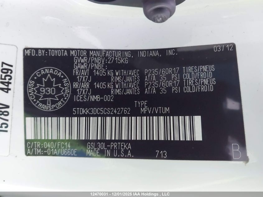 2012 Toyota Sienna VIN: 5TDKK3DC5CS242762 Lot: 12470031