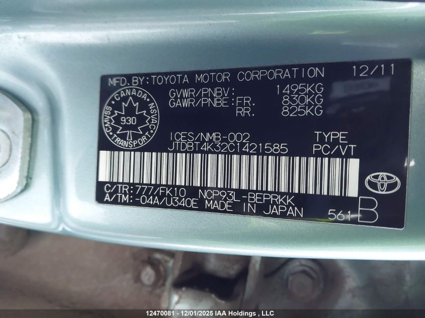 2012 Toyota Yaris VIN: JTDBT4K32C1421585 Lot: 12470081