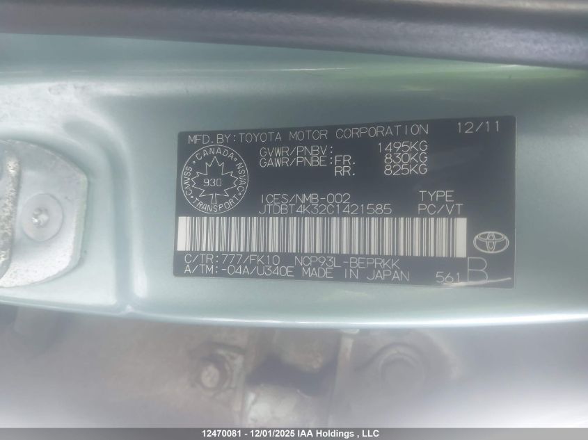 2012 Toyota Yaris VIN: JTDBT4K32C1421585 Lot: 12470081
