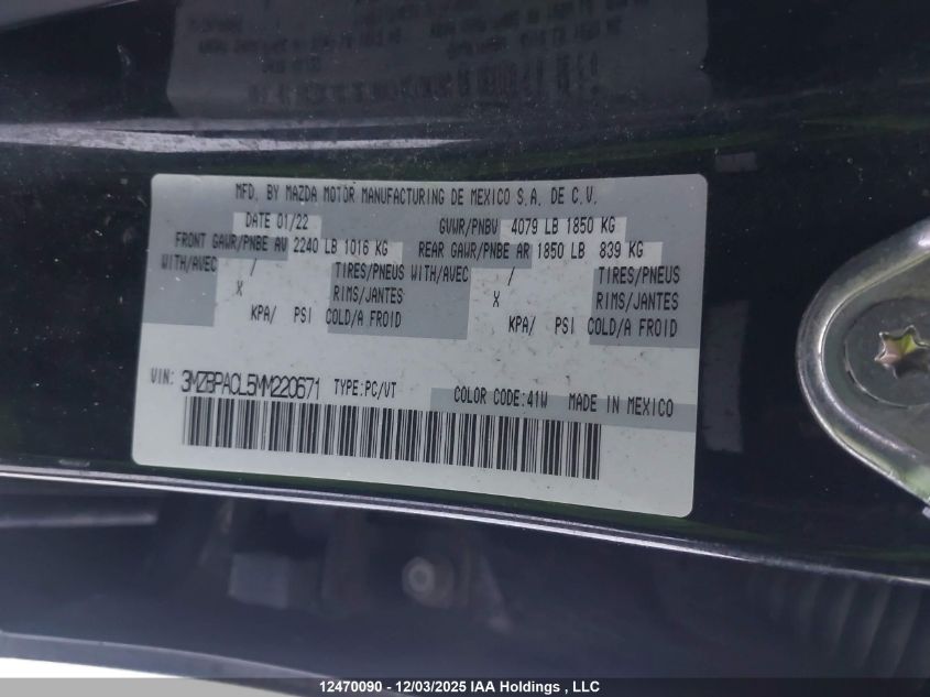 2021 Mazda Mazda3 Gs VIN: 3MZBPACL5MM220671 Lot: 12470090