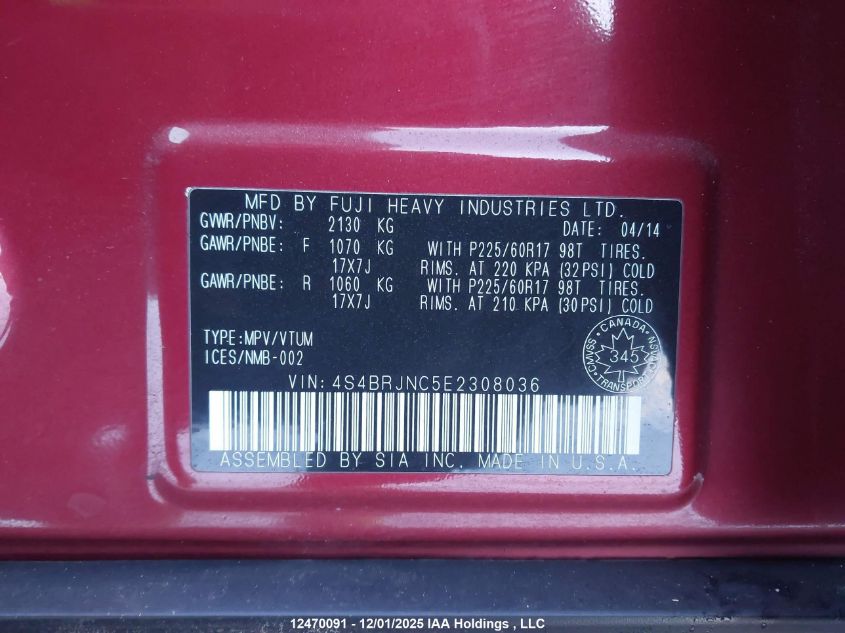 2014 Subaru Outback 3.6R Limited VIN: 4S4BRJNC5E2308036 Lot: 12470091