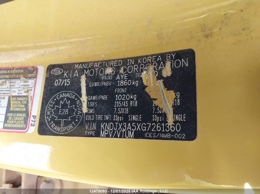 2016 Kia Soul Ex/Ex+/Ex+ Eco/Sport Special Edition/Sx/Sx Luxury/Urban Special Edition VIN: KNDJX3A5XG7261360 Lot: 12470093