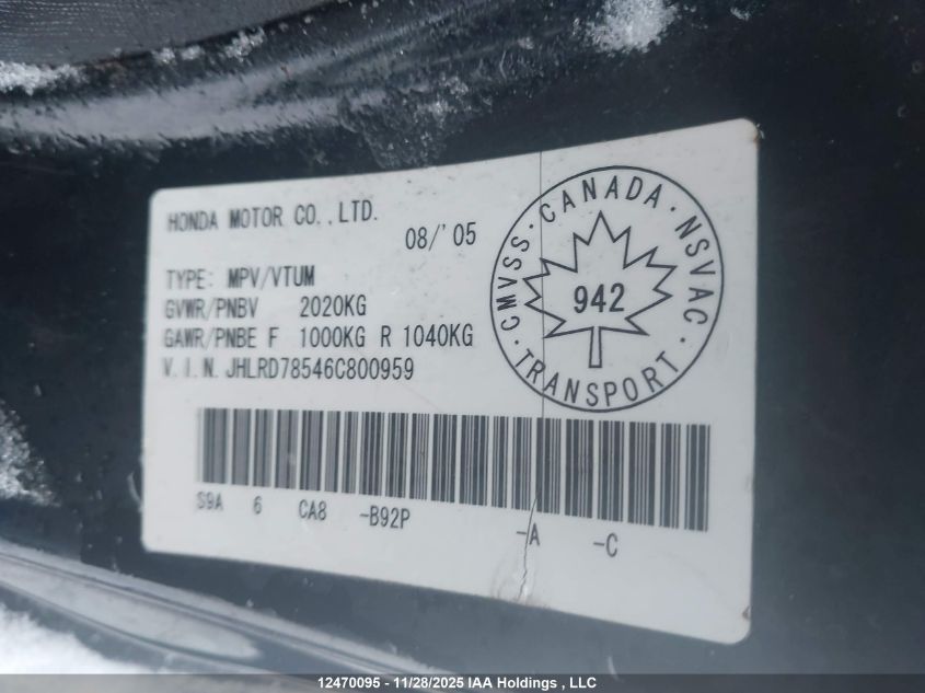 2006 Honda Cr-V Lx VIN: JHLRD78546C800959 Lot: 12470095