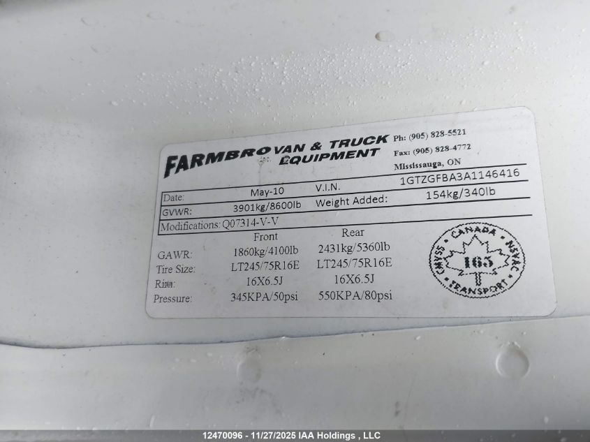 2010 GMC Savana 2500 Standard VIN: 1GTZGFBA3A1146416 Lot: 12470096