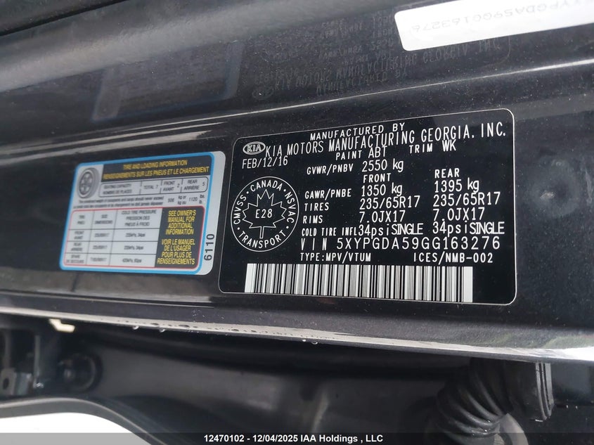 5XYPGDA59GG163276 2016 KIA SORENTO photo no. 9