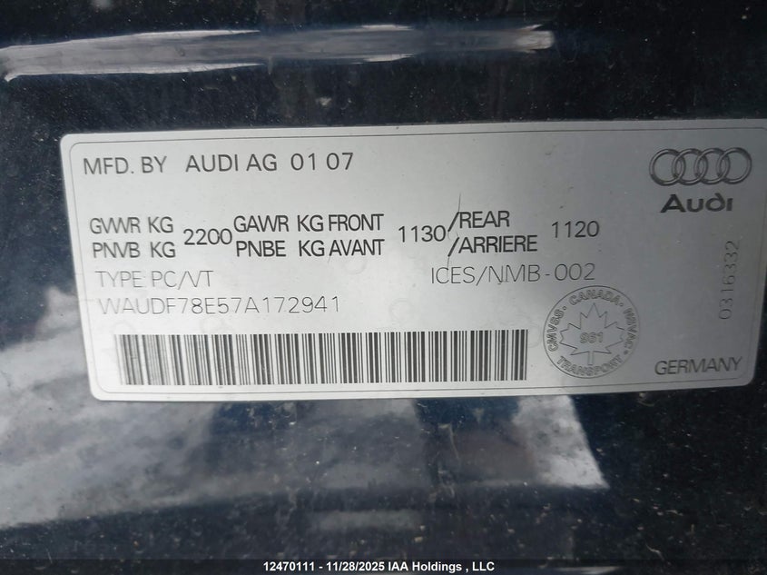 WAUDF78E57A172941 2007 AUDI A4 photo no. 9
