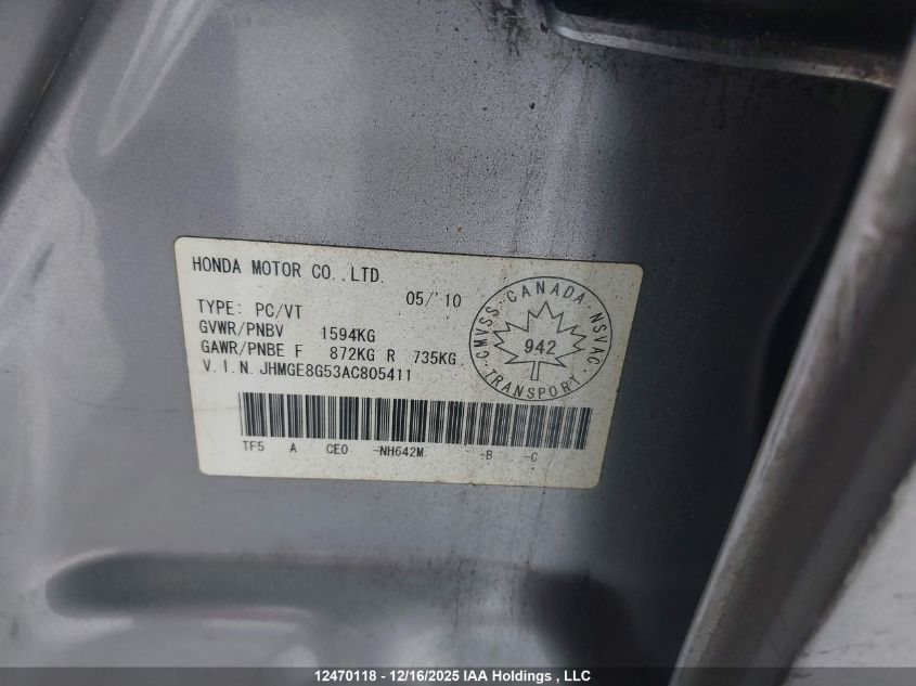 2010 Honda Fit Lx VIN: JHMGE8G53AC805411 Lot: 12470118