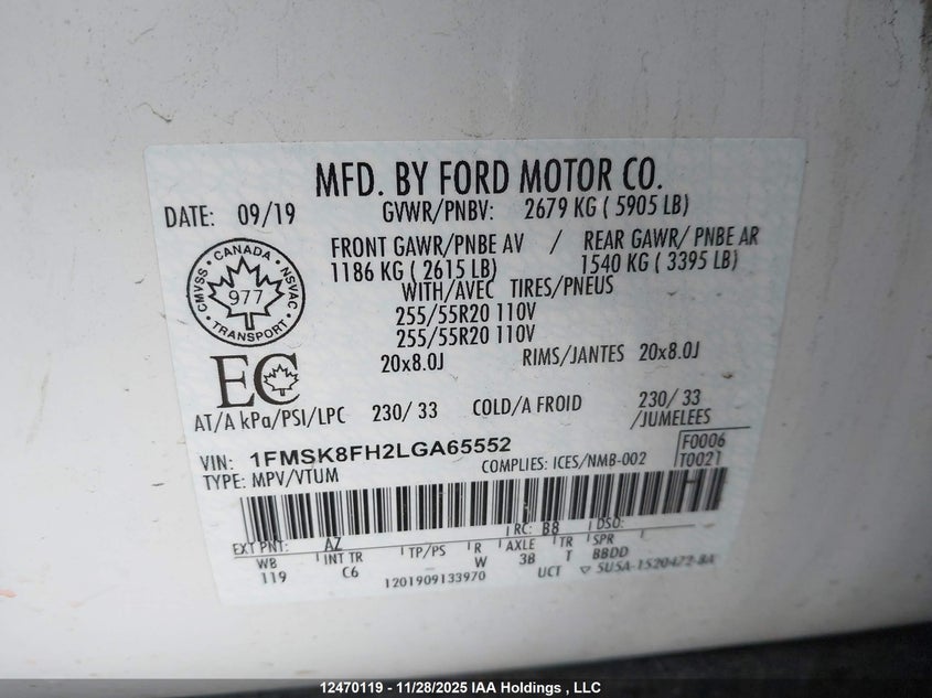 1FMSK8FH2LGA65552 2020 FORD EXPLORER photo no. 9