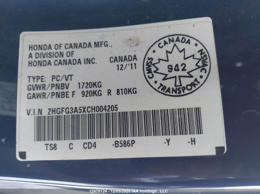 2012 Honda Civic Lx VIN: 2HGFG3A5XCH004205 Lot: 12470124