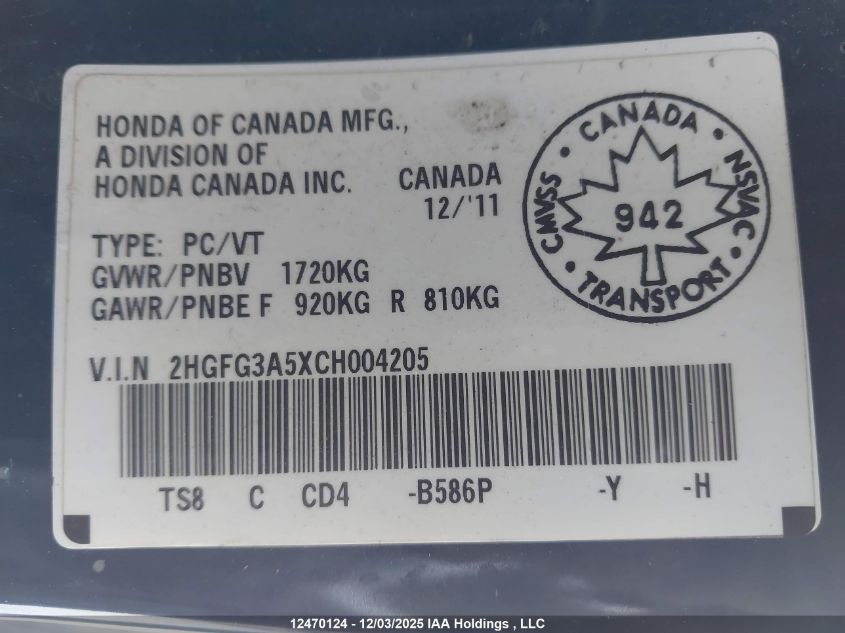 2012 Honda Civic Lx VIN: 2HGFG3A5XCH004205 Lot: 12470124