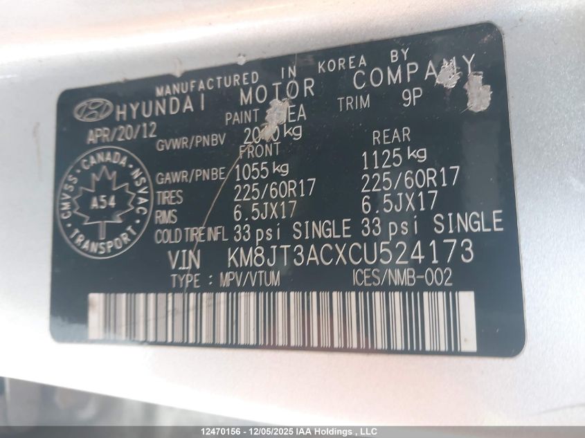 2012 Hyundai Tucson VIN: KM8JT3ACXCU524173 Lot: 12470156