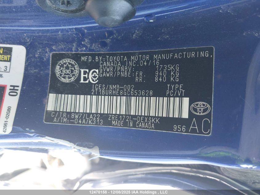 2016 Toyota Corolla S VIN: 2T1BURHE8GC653628 Lot: 12470158