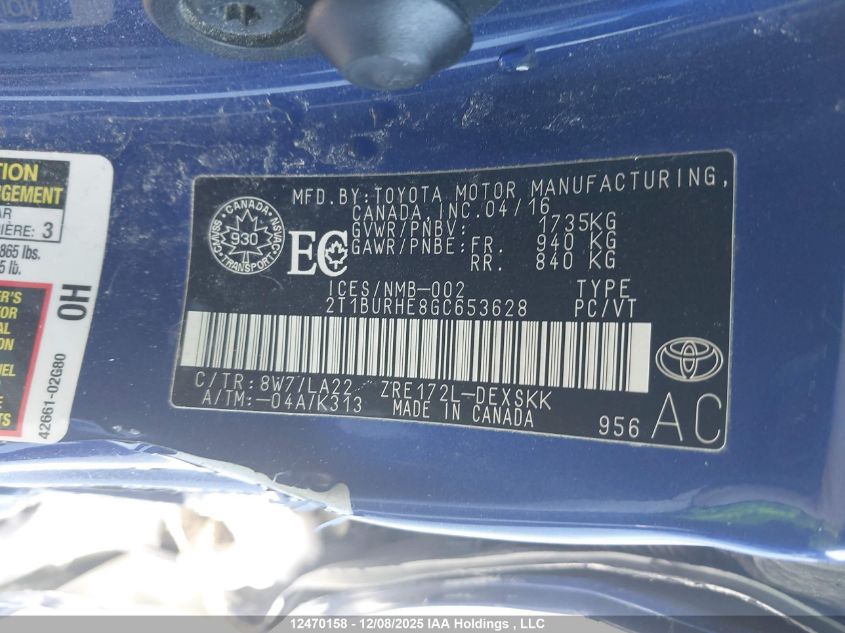 2016 Toyota Corolla S VIN: 2T1BURHE8GC653628 Lot: 12470158