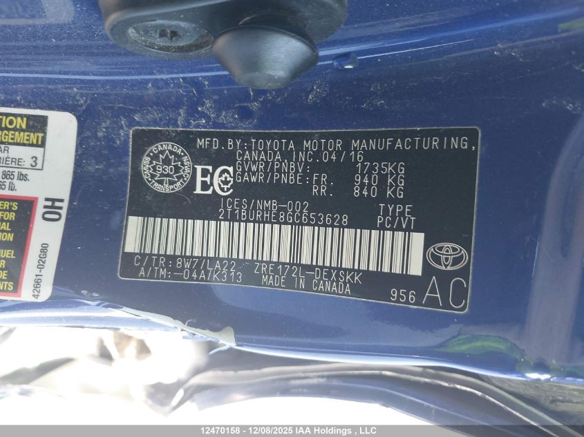 2016 Toyota Corolla S VIN: 2T1BURHE8GC653628 Lot: 12470158
