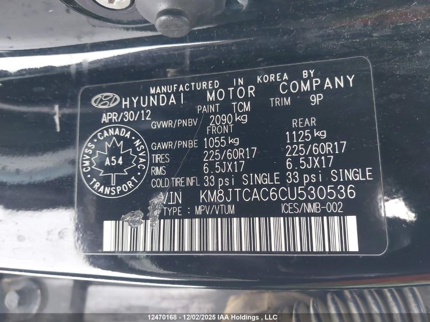 2012 Hyundai Tucson Gl VIN: KM8JTCAC6CU530536 Lot: 12470168