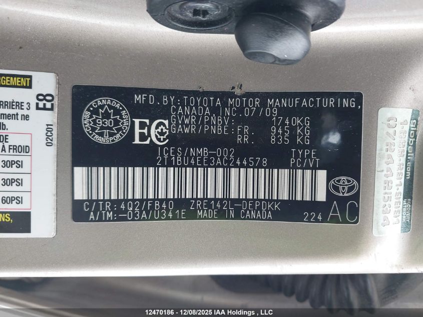 2010 Toyota Corolla S/Le/Xle VIN: 2T1BU4EE3AC244578 Lot: 12470186