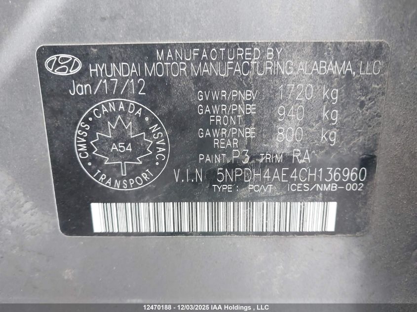 2012 Hyundai Elantra Limited VIN: 5NPDH4AE4CH136960 Lot: 12470188