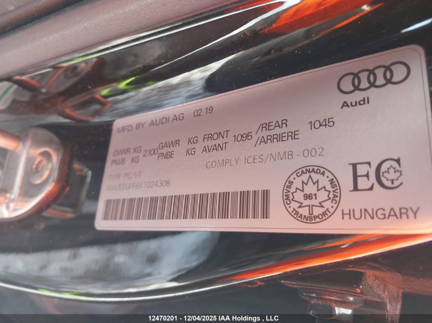 2019 Audi A3 45 Progressiv VIN: WAUEEGFF6K1024308 Lot: 12470201