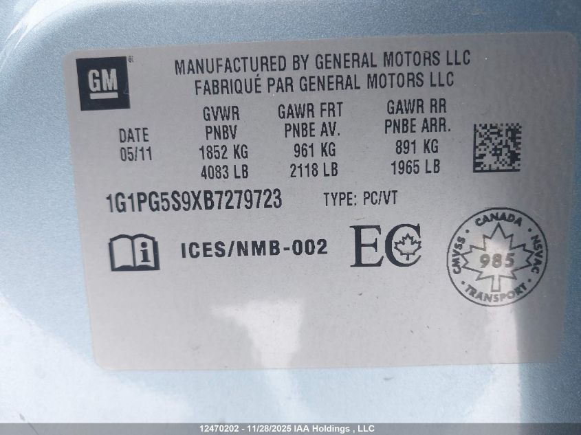 2011 Chevrolet Cruze Lt VIN: 1G1PG5S9XB7279723 Lot: 12470202