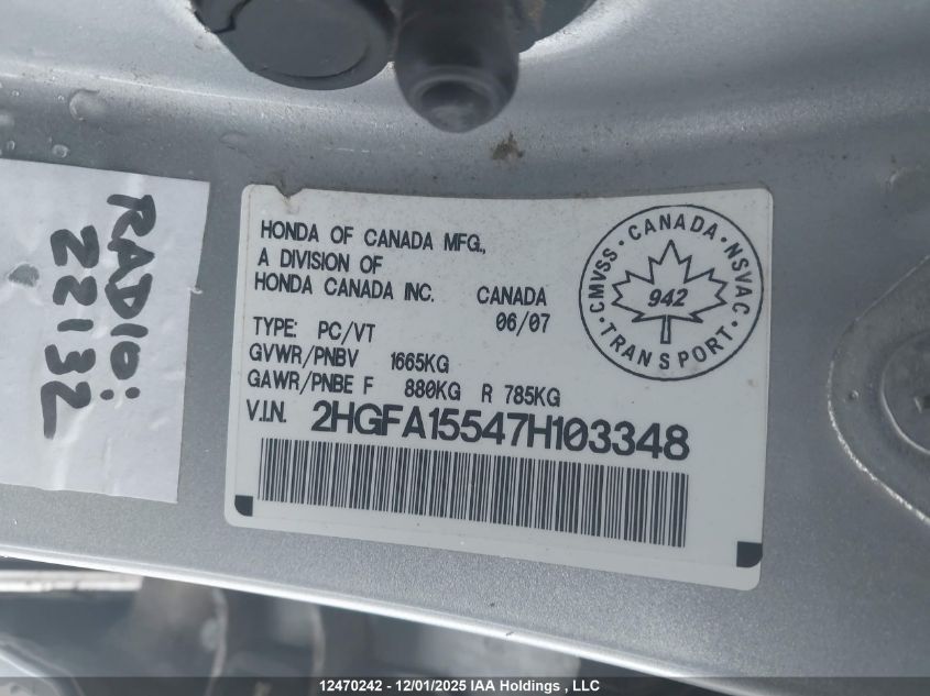 2007 Honda Civic Lx VIN: 2HGFA15547H103348 Lot: 12470242