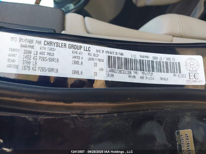 2011 Jeep Grand Cherokee Overland VIN: 1J4RR6GT2BC631358 Lot: 12413557X