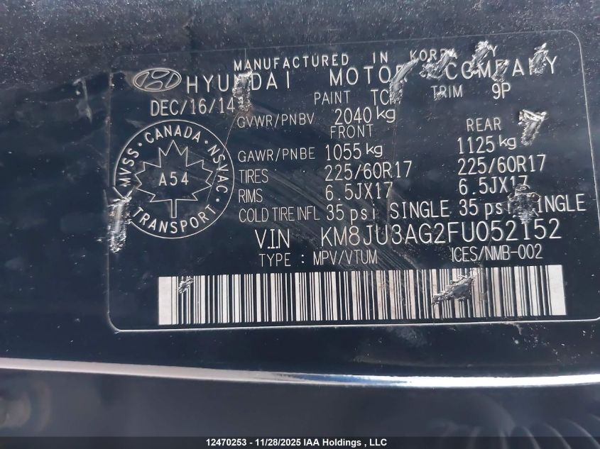 2015 Hyundai Tucson Gls VIN: KM8JU3AG2FU052152 Lot: 12470253