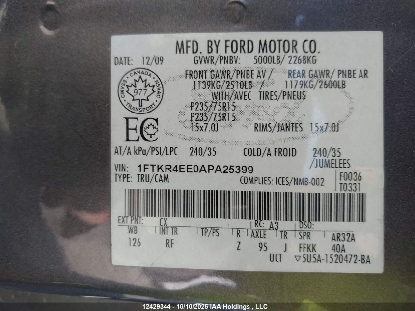 2010 Ford Ranger Sport/Xl/Xlt VIN: 1FTKR4EE0APA25399 Lot: 12429344X