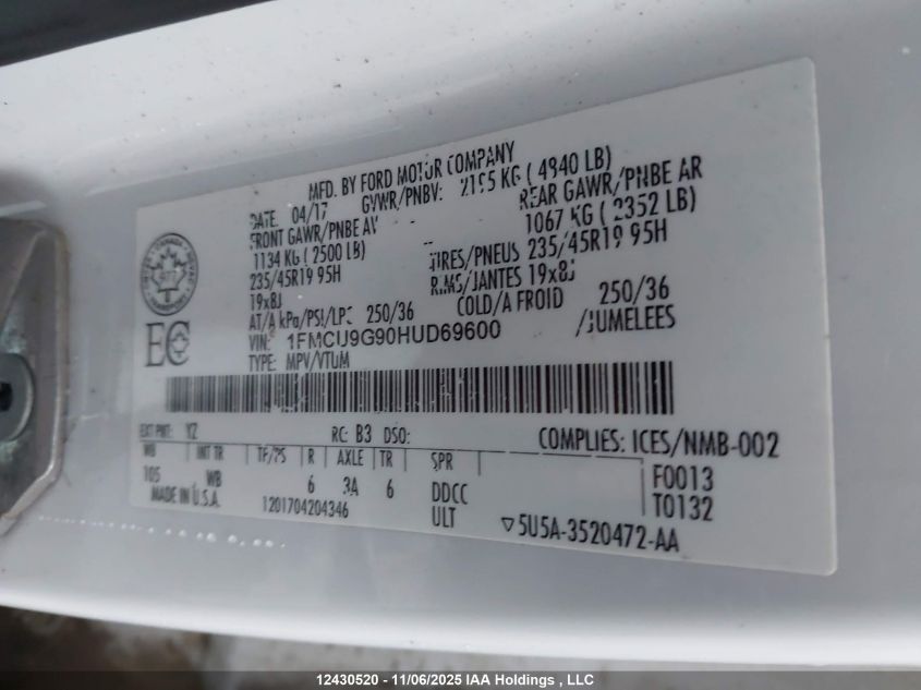 2017 Ford Escape Se VIN: 1FMCU9G90HUD69600 Lot: 12430520X