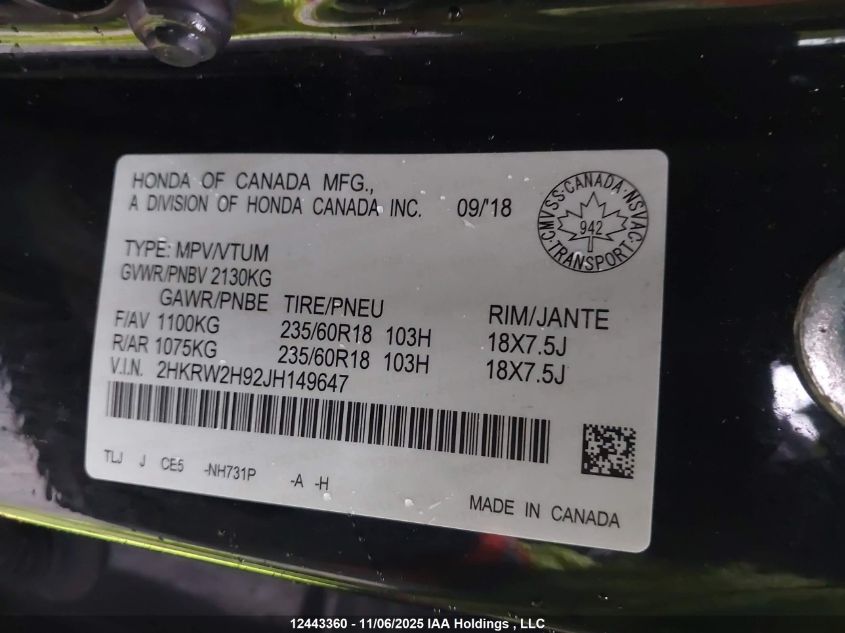 2018 Honda Cr-V Touring VIN: 2HKRW2H92JH149647 Lot: 12443360X