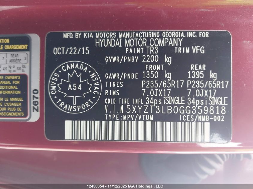 2016 Hyundai Santa Fe Sport 2.4 Base VIN: 5XYZT3LB0GG359818 Lot: 12450354X
