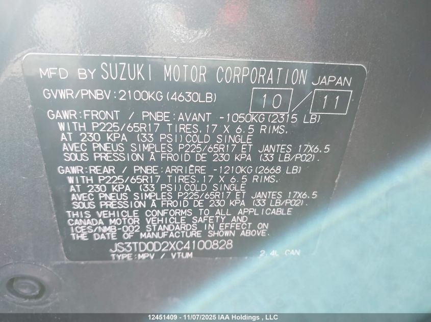 2012 Suzuki Grand Vitara Jx/Urban VIN: JS3TD0D2XC4100828 Lot: 12451409X