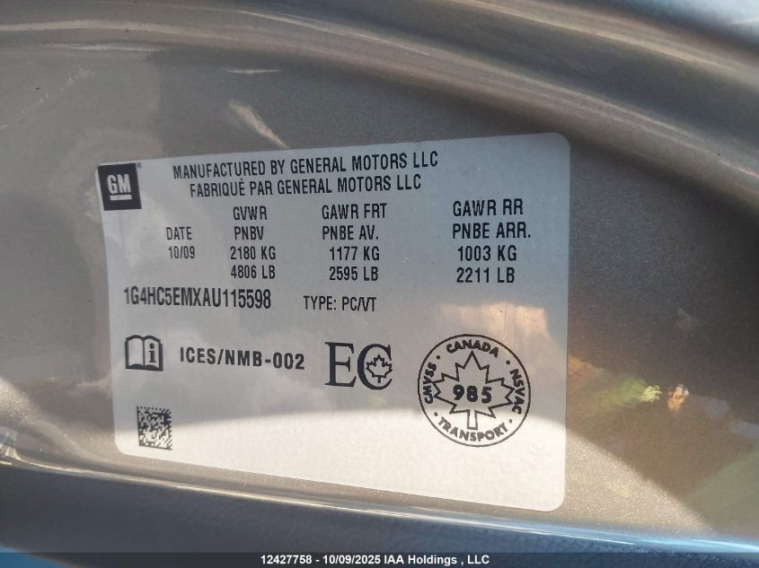 2010 Buick Lucerne Cxl VIN: 1G4HC5EMXAU115598 Lot: 12427758X