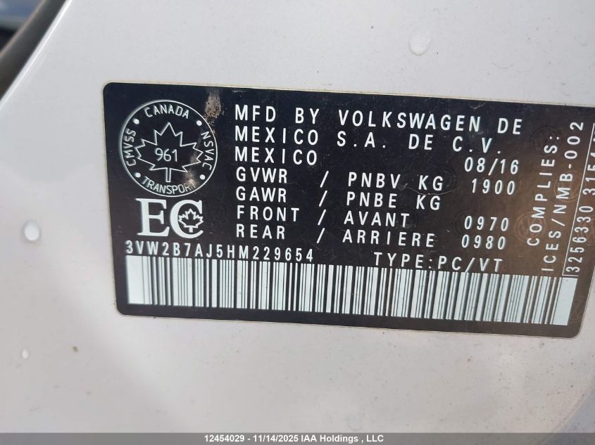 2017 Volkswagen Jetta 1.4 Tsi Trendline+ VIN: 3VW2B7AJ5HM229654 Lot: 12454029X