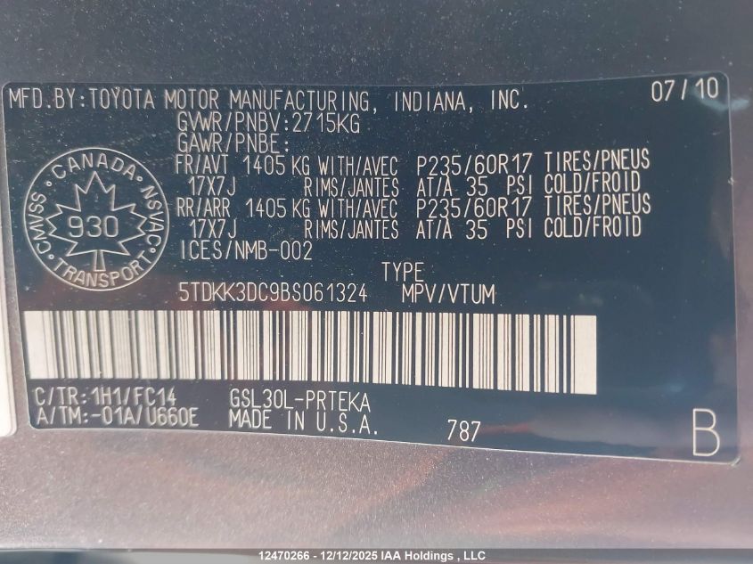 2011 Toyota Sienna Le VIN: 5TDKK3DC9BS061324 Lot: 12470266