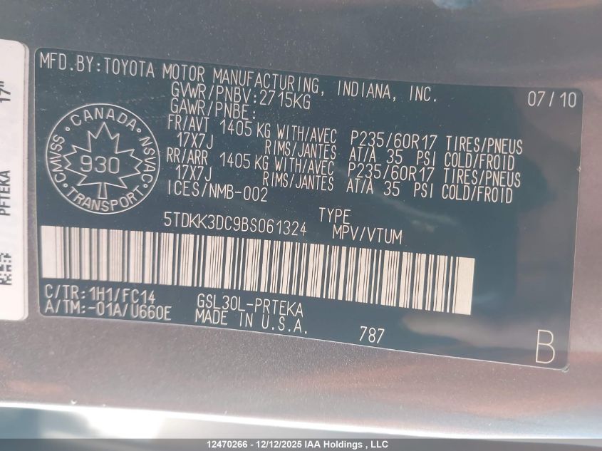 2011 Toyota Sienna Le VIN: 5TDKK3DC9BS061324 Lot: 12470266