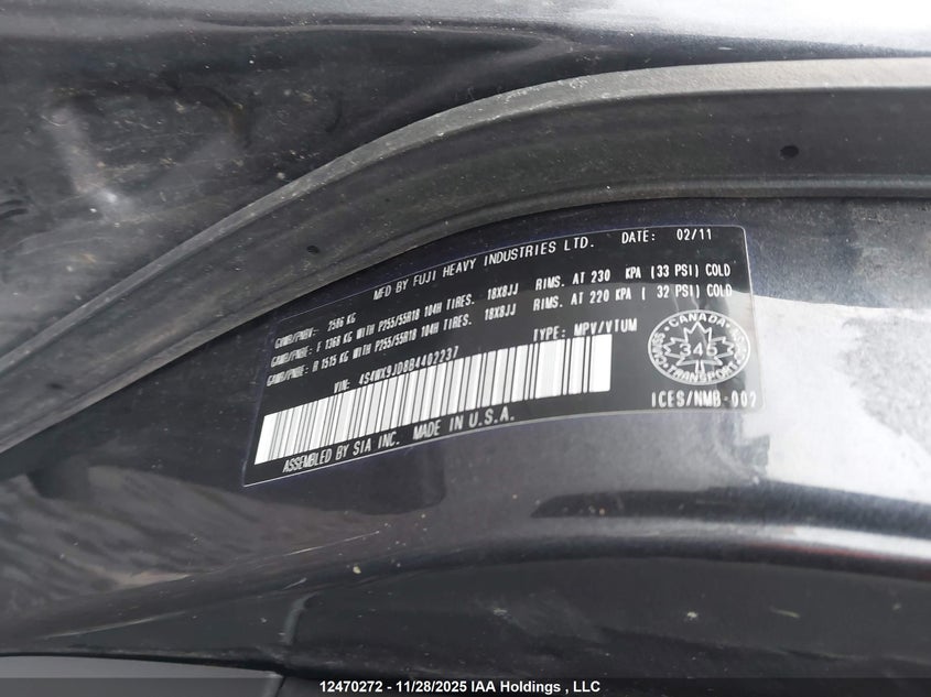 4S4WX9JD8B4402237 2011 SUBARU TRIBECA photo no. 9