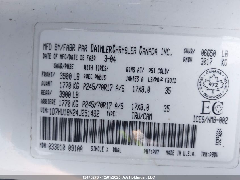 2004 Dodge Ram 1500 St VIN: 1D7HU18N24J251492 Lot: 12470276