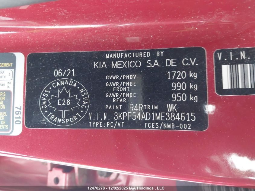 2021 Kia Forte Ex/Ex Premium/Ex+ VIN: 3KPF54AD1ME384615 Lot: 12470278