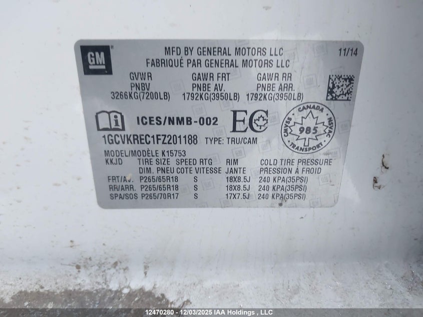 1GCVKREC1FZ201188 2015 CHEVROLET SILVERADO photo no. 9